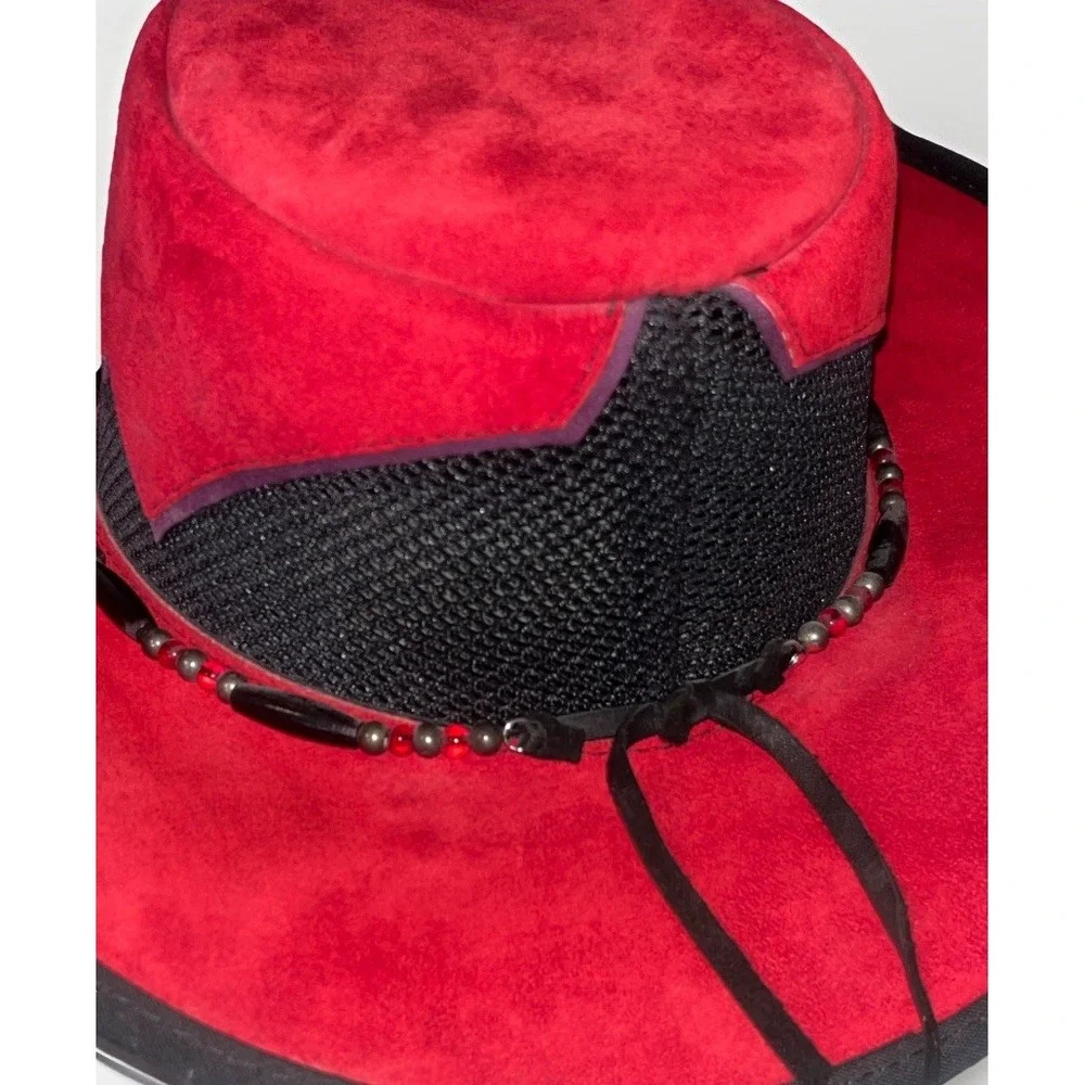 Western Cowboy Hat Red Purple Suede Beaded Band USA Medium EUC Vtg‎ Head N Home - Picture 9 of 15
